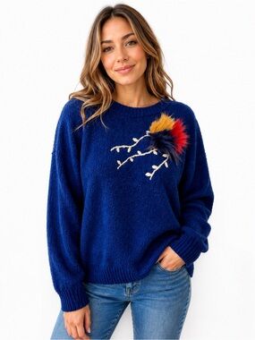 Anthropologie Field Flower Blue Textured Sweater Faux Fur Floral Appliqué XL